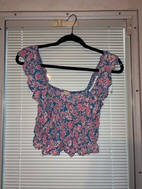 Blue Floral Ruffle Crop Top - Women's